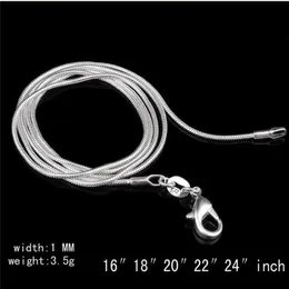 Nya stora kampanjer 100 st 925 Sterling Silver Smooth Snake Chain Halsband Hummer Clasps Chain Jycken Size 1mm 16inch --- 24inch321g