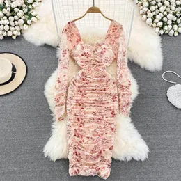 Casual Dresses Spring And Autumn Light Familiar Style Retro Print Square Neck Puff Long-sleeved Slim Bag Hip Dress