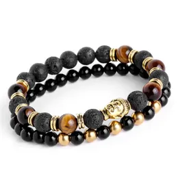 2pcs set Mens Bracelets Lava buddha bracelet For Men Natural Stone Beads Gift Religion Yoga pulseras pulseira masculinaGift holid231Y