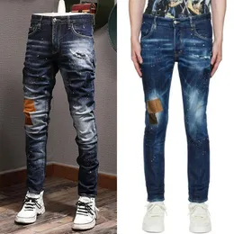 Blue Patches Men Slim Fit Jeans Man Designer Popular Mens Cowboy Trousers Distressed206E