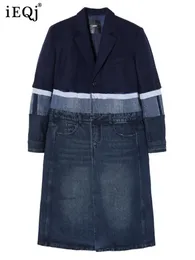 Womens Trench Coats IEQJ Designer Spliced Denim Coat For Women Notched Neck Long Sleeve Contrast High End Windbreak Clothing 3WQ7966 230927
