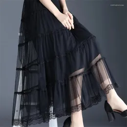 Saias Long Tulle Saia Mulheres 2023 Primavera Verão Elástico Cintura Alta A Linha Malha Plissada Puffy Feminino Elegante Lace Midi