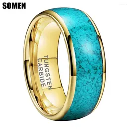 Wedding Rings Somen 8mm Men Tungsten Carbide Ring Blue Turquoise Stone Inlaid Polished Gold Color Engagement Male Jewelry
