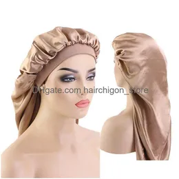 Hair Accessories Fashion Long Satin Bonnet Sleep Cap With High Elastic Band Night Care Nightcap For Women Men Chemo Drop Delivery Pro Dhplg