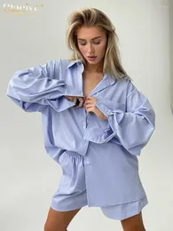 Women's Tracksuits Clacive Casual Blue Home Suits Elegant Loose High Waist Shorts Set Fashion Long Sleeve Shirts 2 Piece Sets Women Outfit