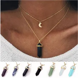 Bohemia coluna hexagonal quartzo lua gargantilha colar moda pedra natural bala pingente de cristal colar para jóias femininas