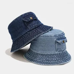 Berets Creative Pocket Lovers Washed Cowboy Fisherman's Hat Women Outdoor Sun Solid Color Fashion Wild Bucket Hats Casquette