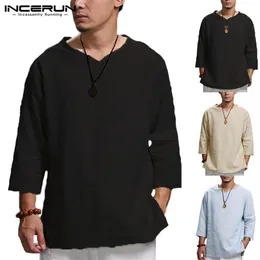 Plus Size 5XL Chinese Style T Shirt Men Solid Loose 3 4 Sleeve V-neck Tee Shirt Men Casual Cotton Vintage Mens T-shirt263j