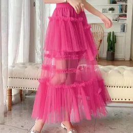 Kjolar Fairycore High Elastic Band Mesh Long Women Girls Solid Color Ruffle Filly Tulle Tutu Sweet 2000s Streetwear