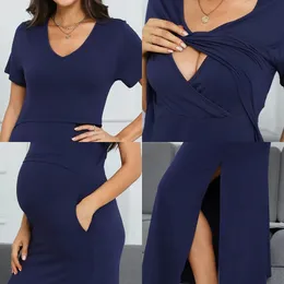 Moderskapsklänningar Modal moderskapsklänning Rund V -hals Kort ärm Maternskap Nursing Dress Solid Color Moderskapskläder 230927