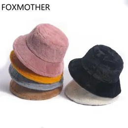 Wide Brim Hats Bucket Hats FOXMOTHER Winter Outdoor Vacation Lady Panama Black Solid Thickened Soft Warm Fishing Cap Faux Fur Rabbit Bucket Hat For Women 230927
