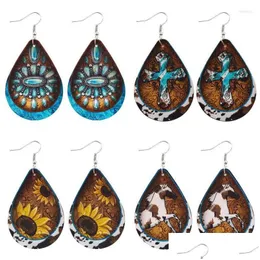 Dangle Chandelier Earrings Western Hunflower Cowe Turquoise Cross Print PUレザーティアドロップ