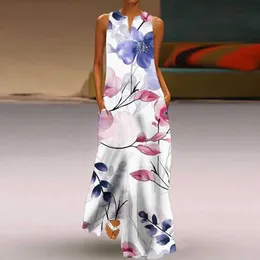 Grundläggande casual klänningar Elegant kvinnors maxi sommar ärmlös Vneck Retro D tryck Lady Dress Beach Vacation Kvinnlig mantel SXL