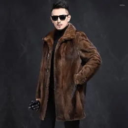 Men's Trench Coats Brown Faux Fur Jacket Mid Long Coat Men Stylish Winter Thicken Warm Parka Overcoat Soft Fluffy Fuzzy Luxury Outwear