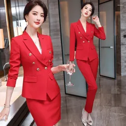 Two Piece Dress High Quality Spring Autumn Formal Ladies Red Blazer Women Business Suits Work Wear Office Uniform 2-piece Skirt Jacket Set