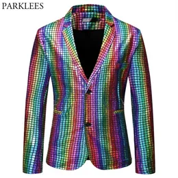 Mens Stylish Dancer Stage Blazer Jacket Gold Silver Rainbow Plaid Sequin Blazer Male Disco Festival Carnaval Party Prom Costumes 2256T