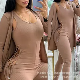 Women's Two Piece Pants 2023 Women Long Loose Cardigan High Waist Bandage Lace Up Jumpsuits Solid Color Fashion Casual Sexy
