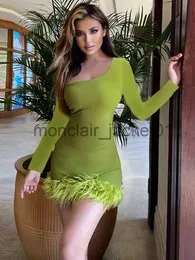 Basic Casual Dresses Mozision Oblique Shoulder Feather Mini Dress For Women 2023 Autumn New Backless One Shoulder Long Sleeve Bodycon Sexy Dress J230928