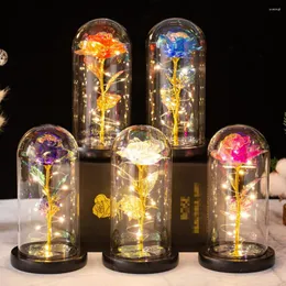 الزهور الزخرفية عيد الحب زهرة الاصطناعية 24K الذهب رقائق الأبدية في الزجاج مع الأضواء ديكور للهدية عيد ميلاد المنزل الأم