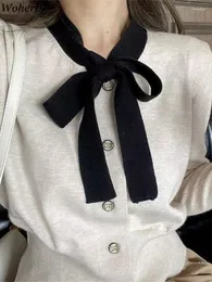 Damesgebreid Koreaans Zoet Cropped Vest Jassen Strik Lange mouw Pull Femme Chic Knop Gebreide Trui Tops Contrastkleur Sueter Mujer