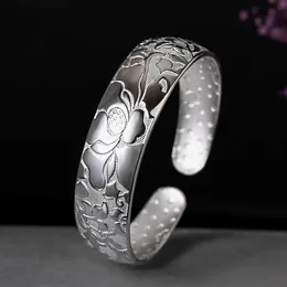 999 Sterling Silver Women's Bracelet Wide Plate Wide Face Open Atmosphere Lotus White Silver Bracelet Silver Jewelry Gift Wholesale for Mom