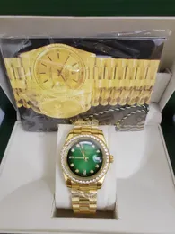 Med original Boxluxury Fashion Watches Top Quality 18K Yellow Gold Green Diamond Dial Bezel 18038 Watch Automatic Men's Watch Wristwatch 2023