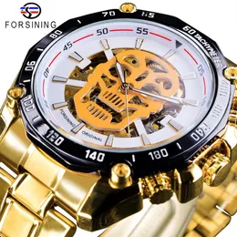 Offired 2018 White Dial Fashion Skull Design Golden Skeleton Clock Luminous Ręce Automatyczne zegarki Męskie