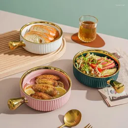 Tigelas de cerâmica com borda dourada, tigela nórdica verde criativa, salada de frutas, porcelana, utensílios de cozinha, sobremesa, pão, café da manhã