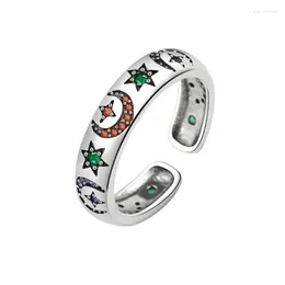 Wedding Rings Multicolour Moon Star Crystal Zircon Ring For Women Girls Retro Ethnic Style Open Adjustable Finger Party Jewelry Gift
