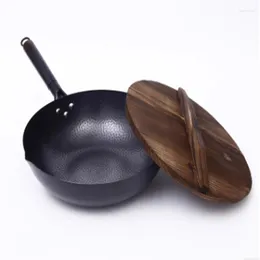 Panelas 32cm frigideira antiaderente wok artesanal ferro fundido panela de cozinha de madeira tampa de madeira fogão de indução universal