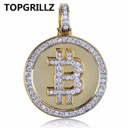 TOPGRILLZ Hip Hop Gold Color Color Plated Iced Out Micro Pave Zirconia Round Bitcoin Pendant Necklace For Men Women270c