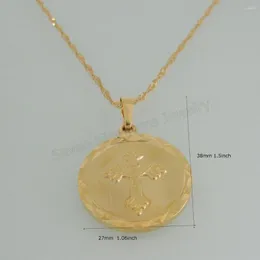 Pendant Necklaces YELLOW GOLD PLATED 18INCH WATER WAVE NECKLACE & JESUS CROSS SYMBOL VIVID ROUND SHAPED CARVED