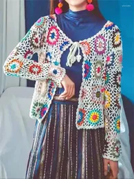 Women's Knits Women Floral Crochet Knit Cardigan Tops Bohemian Retro Sweater Long Sleeve Cut Out Tie-up Shirts Female Summer Fall Outerwear