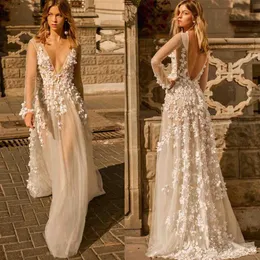 2020 Fall Berta Wedding Dress Sheer Long Sleeve Plunging V Neck Bridal Gowns Sexy Illusion 3D Applique Backless Boho Wedding Dress2735