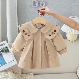Coat Trench Girls Autumn Long Korean Baby Windbreaker Fashionable Open Stitch Versatile Style Turn Down Collar Embroidery