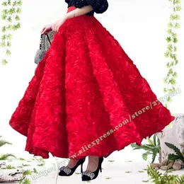 Skirts 2023 High-quality Evening Party Red 3D Rose Three-dimensional Umbrella Big Hem Sun Long Maxi Skirt For Womens