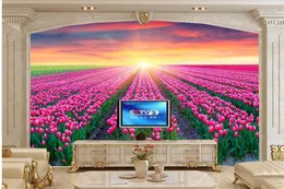 壁紙カスタム3D壁画フィールドチューリップサンライズとサンセットフラワーウォールペーパーリビングルームソファテレビ壁寝室のパペルデパレデ