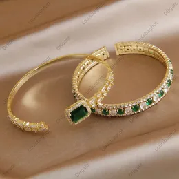 Classic Green Crystal Geometric Open Bangles Bracelets for Women Fashion Brand Jewelry French Vintage Style Bangles