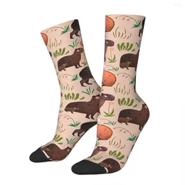 Herrstrumpor Söta gröna och brunt djur illustration mönster retro capybara gata stil casual crew strump gåva tryckt