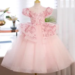 Crystal Flower Dresses For Wedding Pink Pärledspets Appliced ​​Toddler Girl Pageant Dress Ball Gown Kids Formal Wear Party Prom Gowns 403