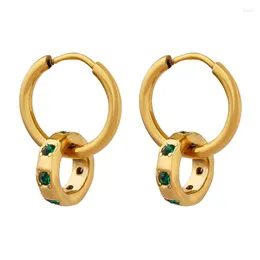 Hoop Earrings Women's Vintage Green Zircon Stainless Steel Pendant Ring Personality Delicate Gold Plated