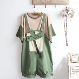 Women's Tracksuits Shorts Sets O-Neck Contrast Stitching T-Shirt Green Diagonal Pocket Strap Age Reduction Two-Piece Lady's Clothing