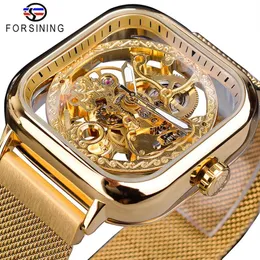 ForSining Golden Men Automatic Watch Square Skeleton Mesh Steel Band Mechanical Business Clock Relogio Masculino Erkek Kol Saati273r
