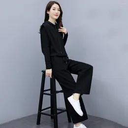 Women's Two Piece Pants Women Casual Suit Lapel Collar Shirt Top Stylish Three-piece Set Black Hooded Vest Coat Elastic Waist Wide For