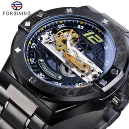 Forsining Classic Bridge Orologio meccanico da uomo Nero Automatico Trasparente Gear Full Steel Band Racing Orologi sportivi maschili Relogio330R