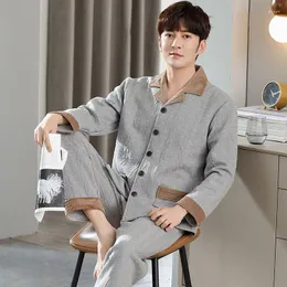 Men's Sleepwear 2023 Pajamas Autumn Winter Pure Cotton Thickened Clip Large Size Loungewear Air Sandwich Homewear Suit Set