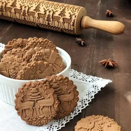 Christmas Embossed Rolling Pin Decorations For Home Kitchen Reindeer Snowflake Embossing Cookie Cake Dough Roller New Year Decor2417