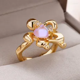 Bröllopsringar hjärtrosa opal blomma för kvinnor rostfritt stål ring justerbar vintage estetiska lyx smycken fest gåva