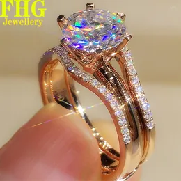 Cluster Rings 2 Round Shape Set Ring 9K Au375 Rose Gold DVVS Moissanite Diamonds Wedding Party Engagement Anniversary