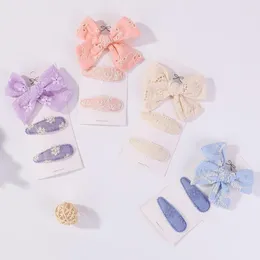 ヘアアクセサリー3PC/ロット刺繍花弓ヘアピン子供クリップ幾何学的な甘い女の子ビンテージコットンバレット